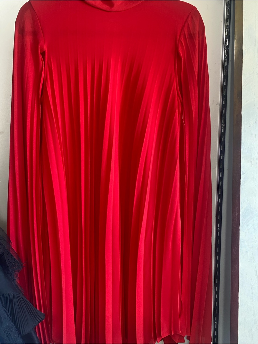 Red Pleated Long Sleeve Dress